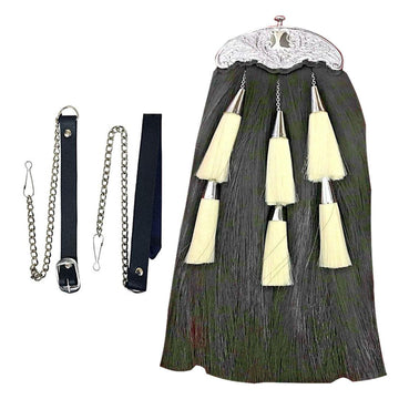 Long Hair Sporran Black Body And 6 White Tassels With Chain Belt - biznimart